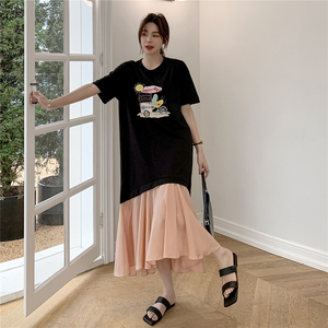 RM12911#夏新款/大码宽松长款假两件印花鱼尾裙t恤连衣裙女