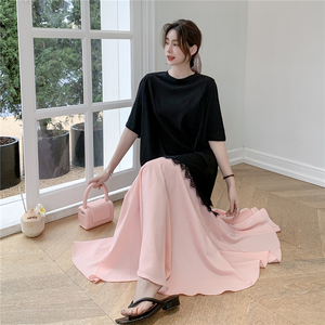 RM12910#夏新款/大码宽松长款宽松蕾丝鱼尾假两件拼接连衣裙