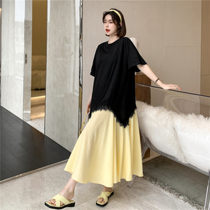 RM12910#夏新款/大码宽松长款宽松蕾丝鱼尾假两件拼接连衣裙