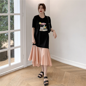 RM12911#夏新款/大码宽松长款假两件印花鱼尾裙t恤连衣裙女