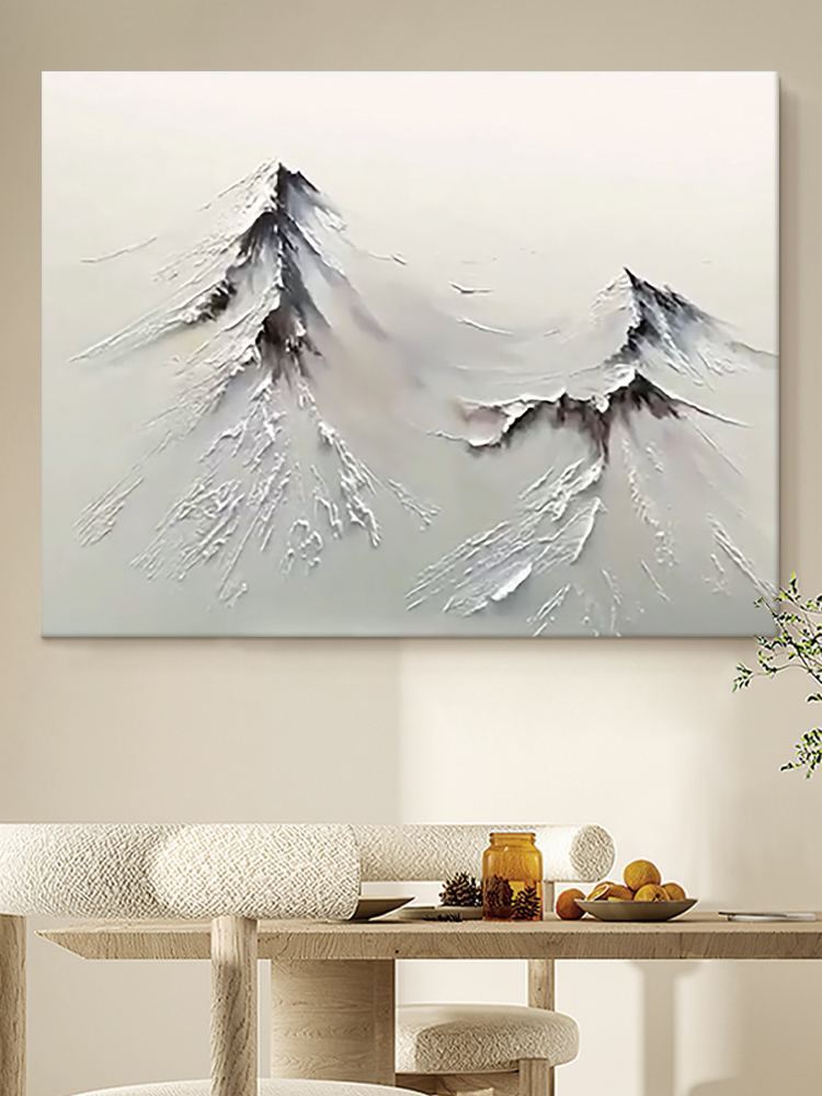 手工丙烯白色雪山客厅装饰画背靠高山餐厅肌理手绘油画主卧室挂画图片