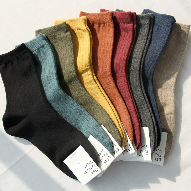 春秋季袜子女中筒袜韩国复古纯色纯棉女袜常规排汗百搭基础款短袜