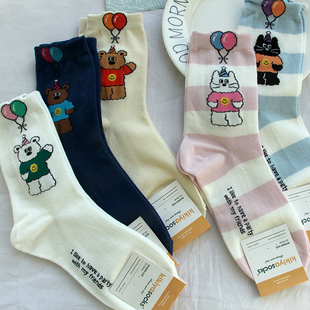 清仓 春秋女袜子韩国纯棉中筒袜可爱少女学生短袜外穿高腰薄棉袜