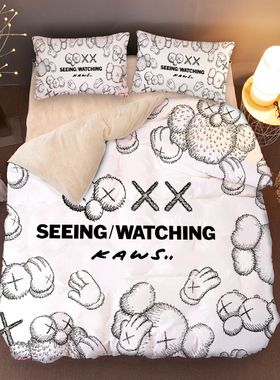 个性加绒三件套秋冬保暖kaws黑色潮牌四件套牛奶绒网红床单防静电