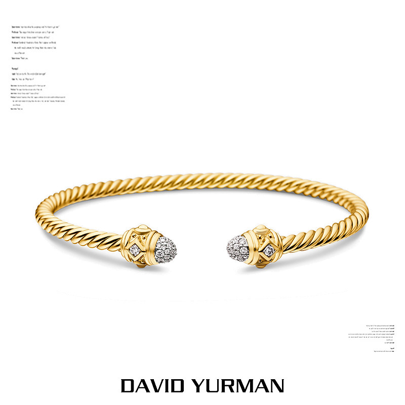 David Yurman大卫雅曼复古雕花满钻手镯C形手环女开口DY钢丝绳4MM