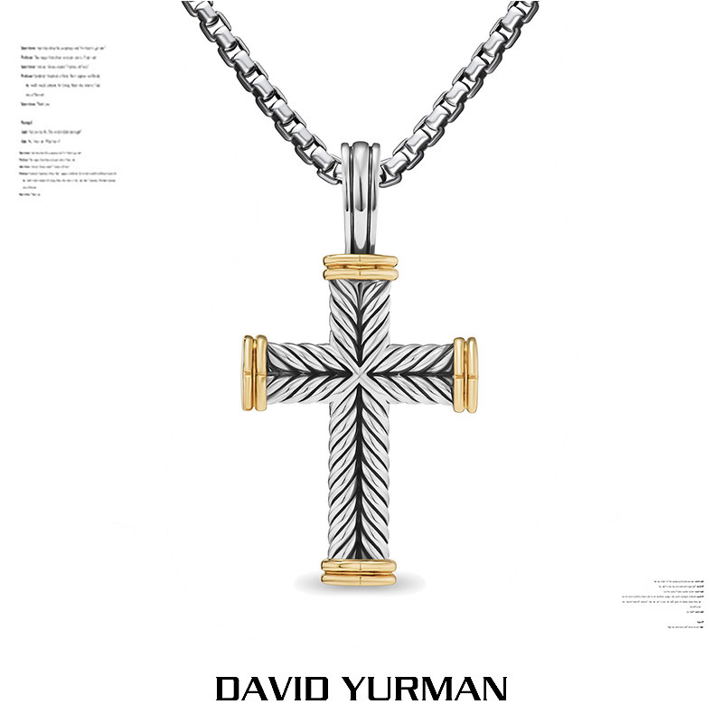 David Yurman大卫雅曼麦穗扭纹十字架DY项链银金间金无钻男士钛钢
