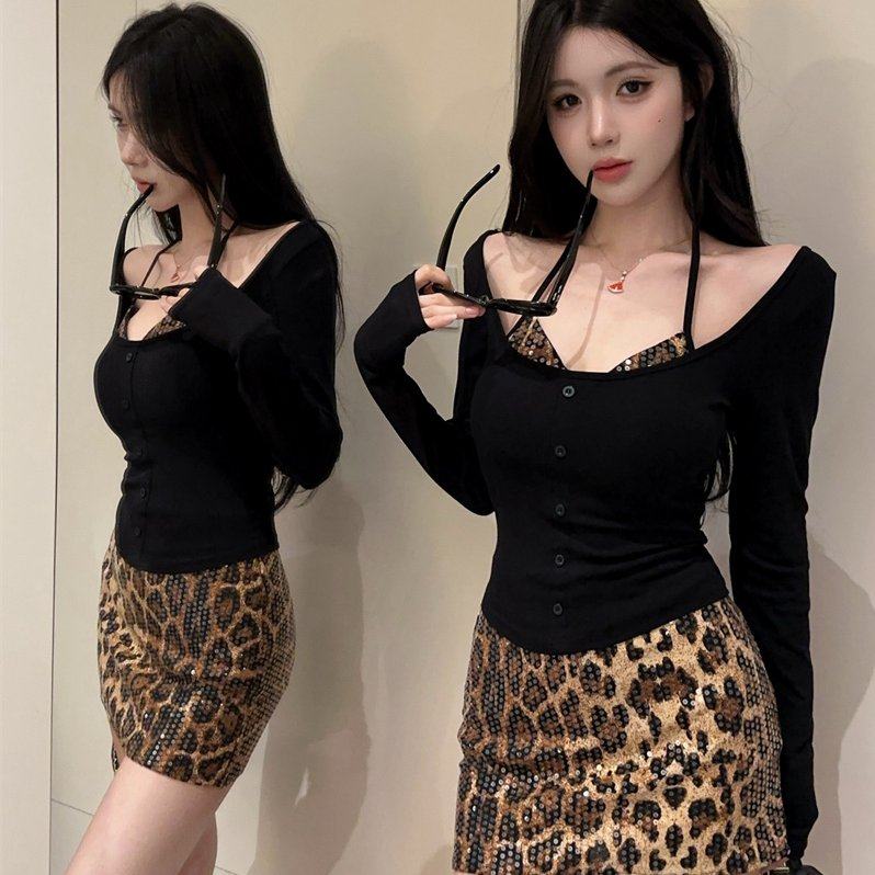 实拍辣妹性感挂脖裹胸吊带露肩长袖打底衫豹纹包臀裙三件套,女装/女士精品,时尚套装,淘宝优惠券,粉丝福利购,淘宝优惠卷
