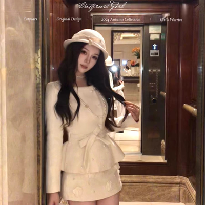 Catyears猫年 北岛月光~千金感毛领披肩毛呢外套立体花a字裙套装