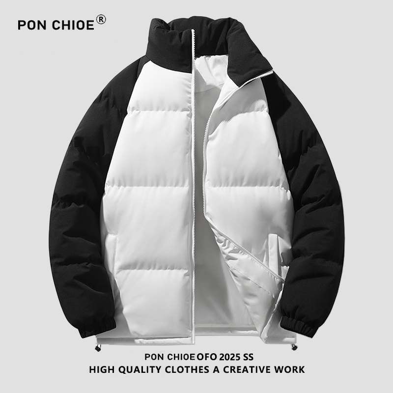 ponchioe拼色立领棉衣男士冬季潮牌宽松休闲加厚保暖男款棉服外套