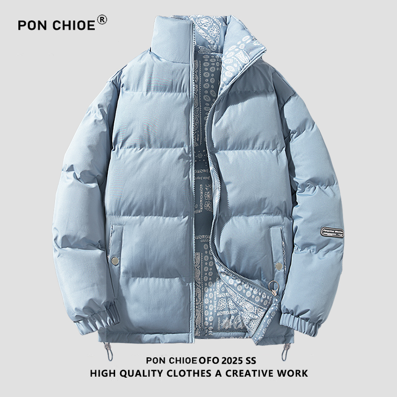 ponchioe立领棉服男女冬季宽松休闲加厚保暖棉衣双面穿外套男