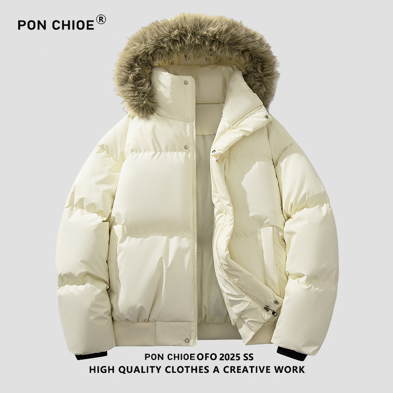 ponchioe毛领PU皮棉服外套冬季新款男士连帽面包服宽松休闲青少年
