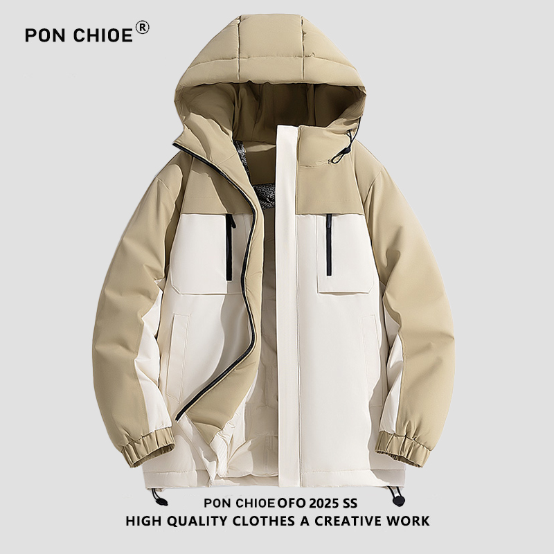 ponchioe冲锋棉衣男冬季新款连帽工装设计感厚款潮牌羽绒棉服潮