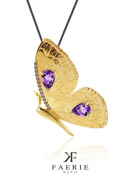 梵芮锦 设计师款奢华风蝴蝶元素s925银天然水晶项链吊坠胸针两用