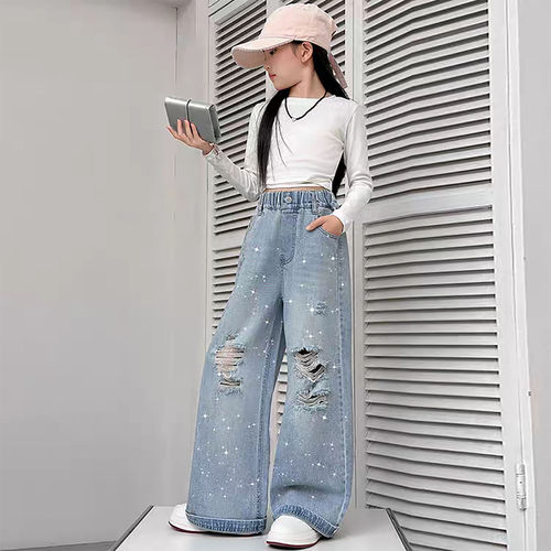 女童夏季轻薄烫钻破洞阔腿牛仔裤