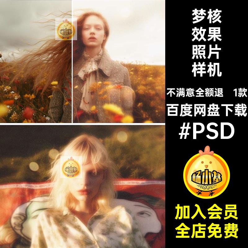 1款梦核效果照片样机影楼柔光模糊PSD模板复古修图写真照片ps人物