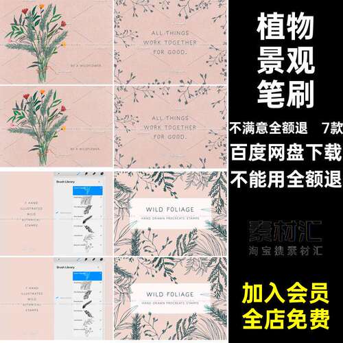 7款树叶松针笔刷植物景观花束蕨类野生手绘花卉Procreat
