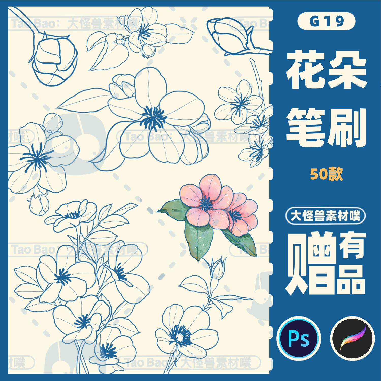procreate笔刷和ps笔刷手绘樱花花朵花苞刺青线稿图案插画练习g19
