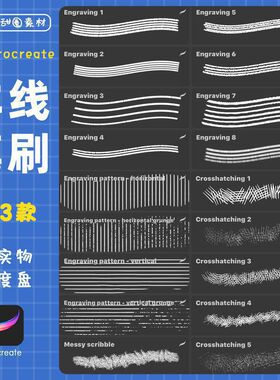 procreate排线笔刷质感素描粉笔双线丝带五线谱版画雕刻brushset