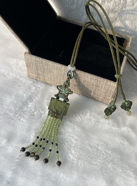 原创设计捷克陨石流苏款绿色项链毛衣链橄榄小米珠流苏