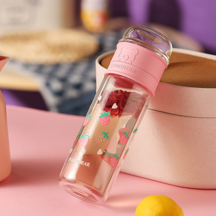 杯具熊正品草莓樱花茶水分离双层隔热泡绿茶花茶高硼硅玻璃水杯子