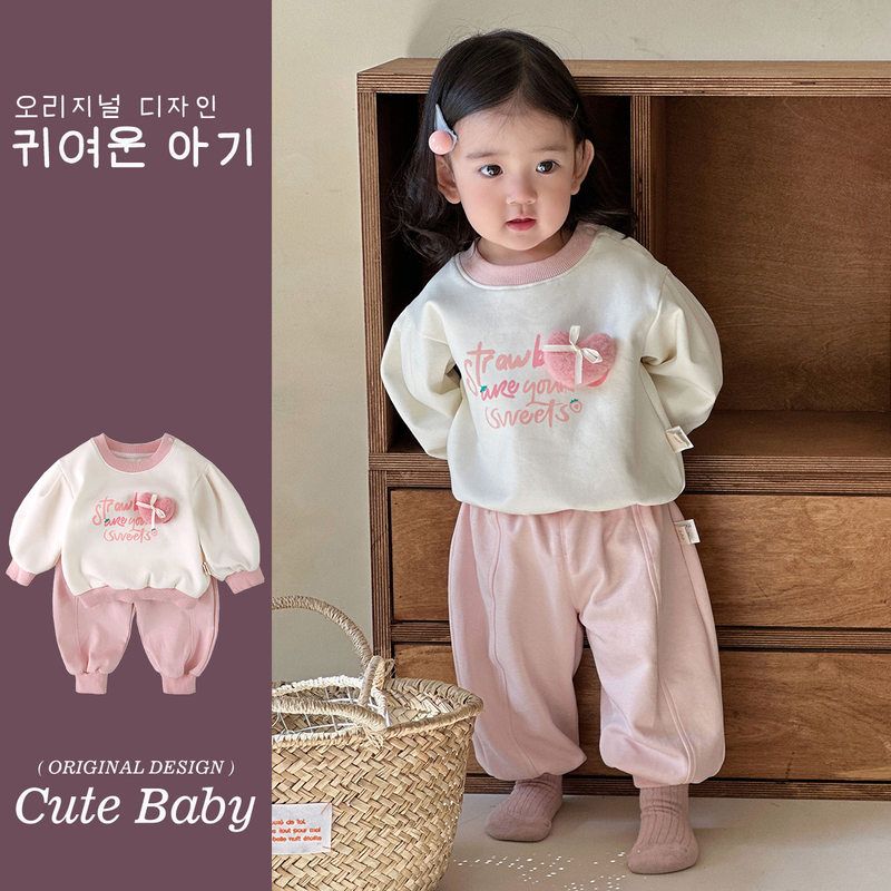 韩版超可爱秋季新品套装女卡通毛绒爱心卫衣卫裤宝宝衣服两件套