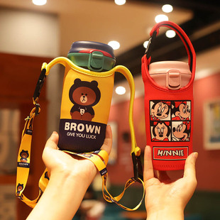 卡通新款大嘴monkey咖啡随行杯350ML杯套手拎可肩背斜跨保护套