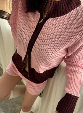 粉色针织套装女2024秋冬新款撞色拼接拉链毛衣开衫短裤两件套