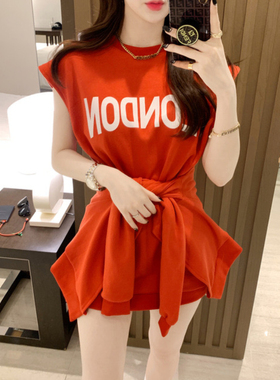 韩国东大门22SS连衣裙女夏字母印花无袖背心裙收腰绑带T恤裙子