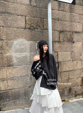 美式复古露肩卫衣女2024秋冬新款休闲宽松慵懒字母开叉套头衫上衣