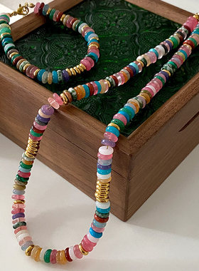 天然石彩色串珠项链欧美时尚甜美小众毛衣链2024手工设计感锁骨链