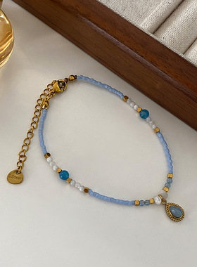 蛋白石水滴吊坠手链法式复古公主风手饰女春夏新款手作海蓝色手串