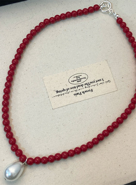 ins韩国bornete同款圣诞节搭配红色项链新年红好运珍珠吊坠锁骨链