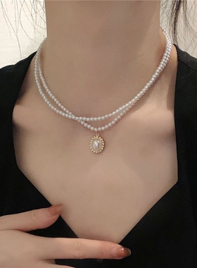 优雅复古法式双层小珍珠项链女ins网红锁骨链小众设计脖子链宝石