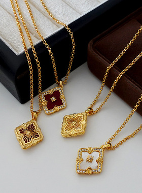 红色四叶草花朵吊坠项链过年高级轻奢锁骨链新年喜庆宫廷风毛衣链