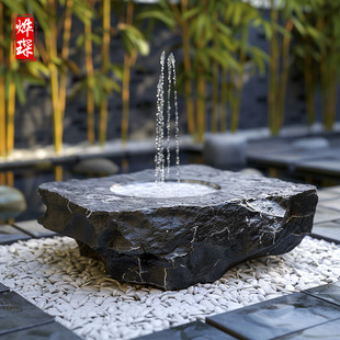 天然黑山石水钵加工流水石钵日式枯山水造景石庭院流水摆件喷泉