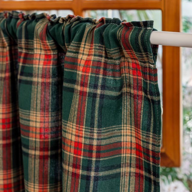 圣诞绿色色织格子棉麻短帘半帘门帘柜帘厨房帘小窗帘免打孔玄关