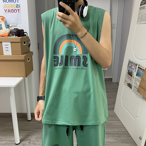 版权已注册 夏季新款背心男士休闲无袖港风宽松印花T恤坎肩X07P20图片