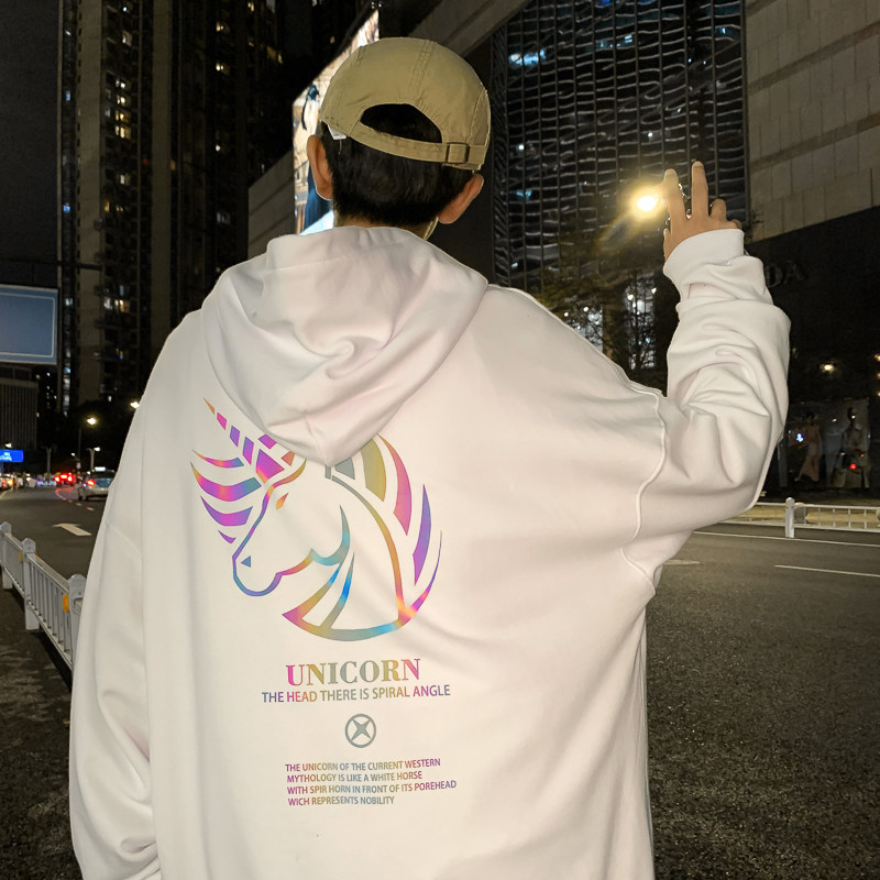 ！港风七彩反光卫衣男大码连帽宽松夜光上衣外套WY202P45,男装卫衣,电商B220