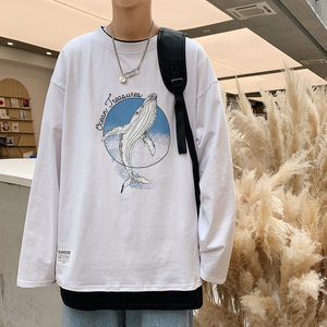 纯棉 ！ 早秋百搭假两件长袖T恤男港风宽松体恤W903P35图片