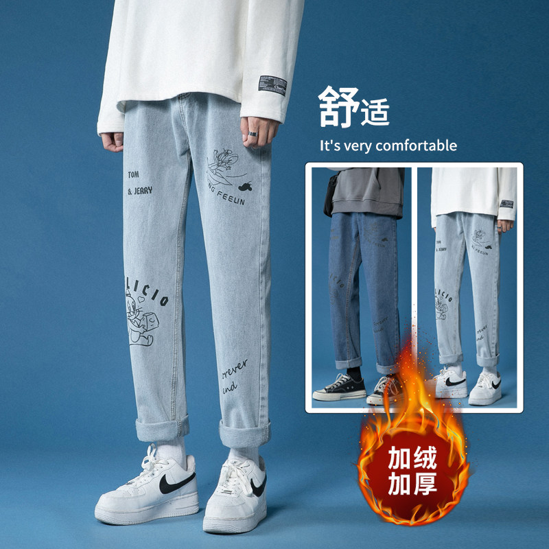 ！冬季百搭直筒牛仔裤男ins加绒加厚保暖长裤NZ333P45加绒P60图片