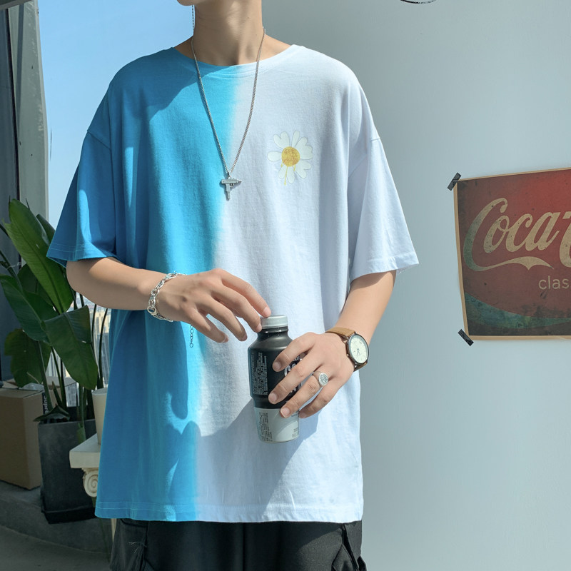 港风2021夏季扎染t恤男小雏菊宽松短袖休闲纯棉渐变体恤T502P35,男装T恤,电商B220