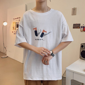 纯！港风模特图学生宽松短袖T恤男印花体恤 B220/T209P25图片
