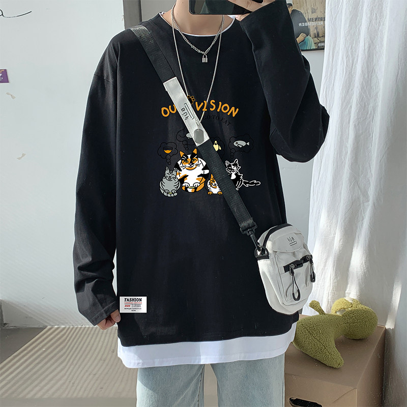 ！早秋百搭假两件长袖T恤男纯棉港风宽松潮牌男卫衣W902P35,男装T恤,电商B220