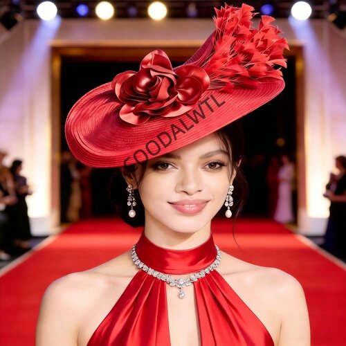 英式红色羽毛礼帽女花朵头饰晚宴酒会礼服搭配团队 fascinator