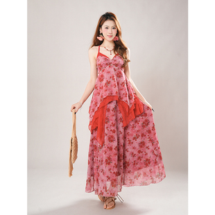 炙热玫瑰 甜美清新度假风碎花挂脖吊带不规则裙摆露背长款连衣裙