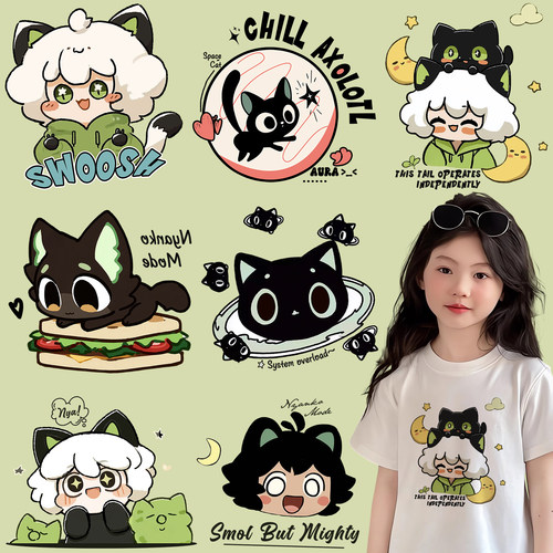 原创设计小黑猫卡通衣服印花贴