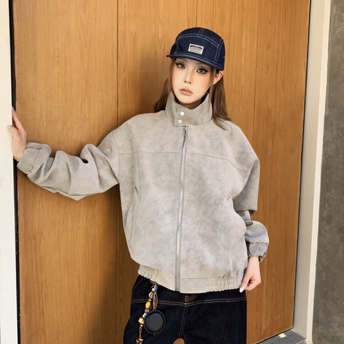 YORAINBOW 秋冬PU皮立领扎染夹克外套潮美式情侣酷飙机车夹克中性