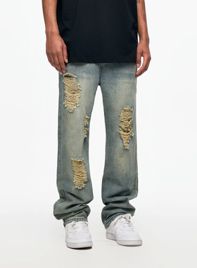 YORAINBOW 美式高街复古水洗做旧破洞牛仔裤男女潮牌宽松直筒阔腿