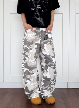 YORAINBOW 早春灰白迷彩美式高街休闲情侣同款cleanfit直筒牛仔裤