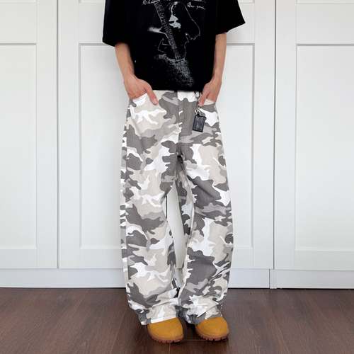 YORAINBOW 灰白迷彩直筒美式高街休闲情侣同款cleanfit直筒牛仔裤